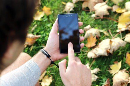 A man is using a cell phone in the grass.